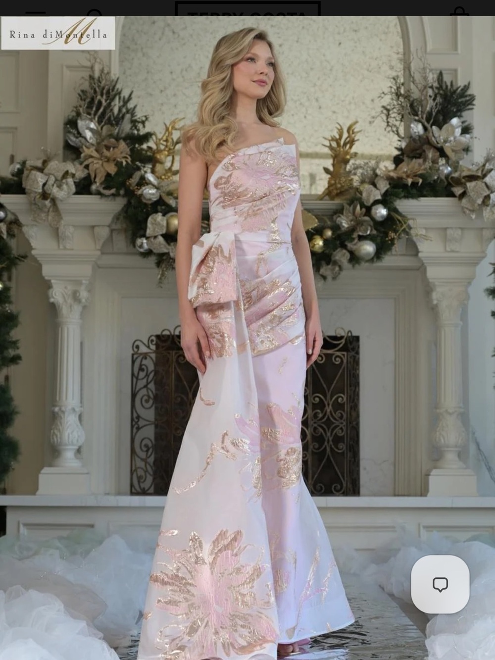 Rina diMontella One-Shoulder Blush and Gold Floral Gown